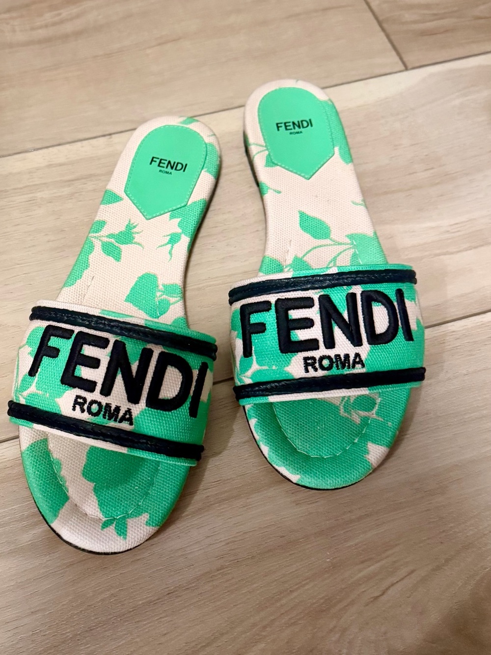 Fendi Green and White Floral Logo Slide Sandals